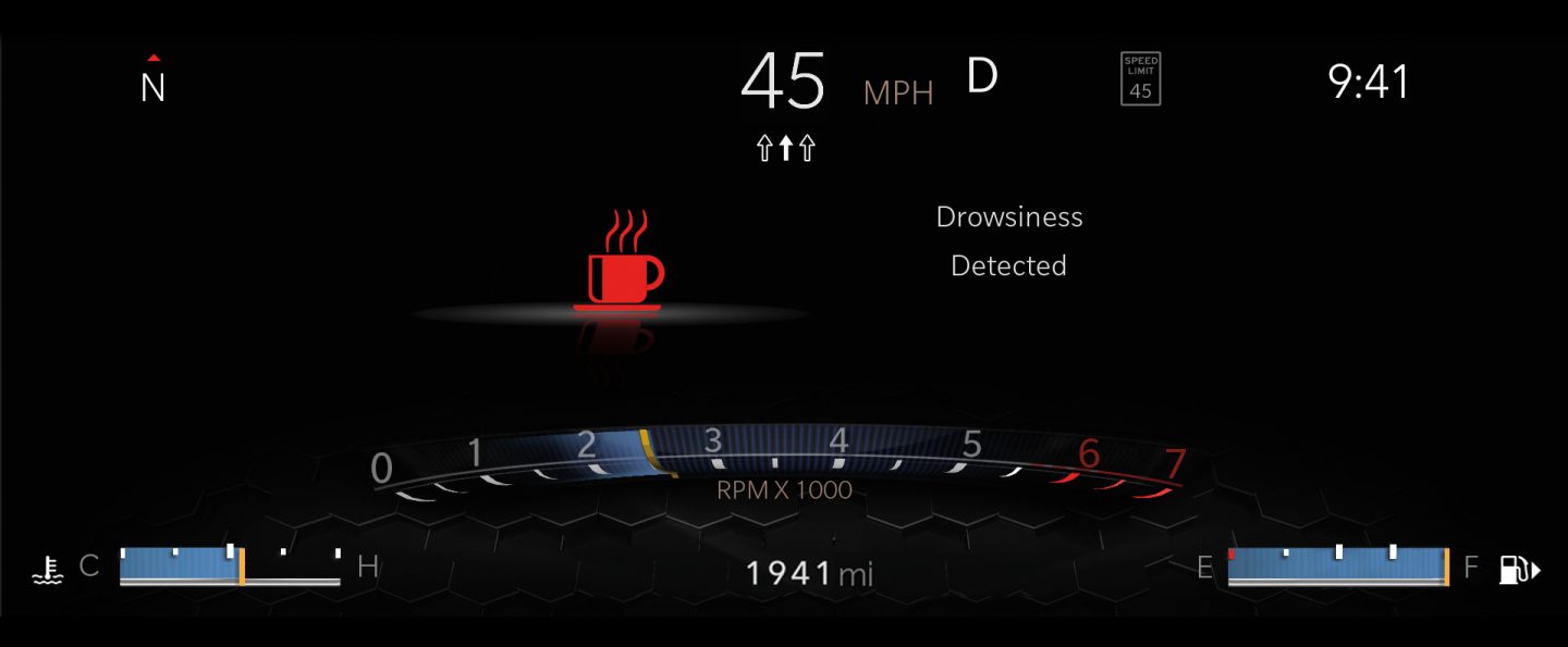 The Digital Cluster Display in the 2025 Jeep Compass displaying the Drowsy Driver alert.