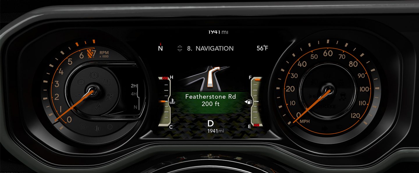 A close-up of the Digital Cluster in the 2025 Jeep Wrangler displaying a navigation map.